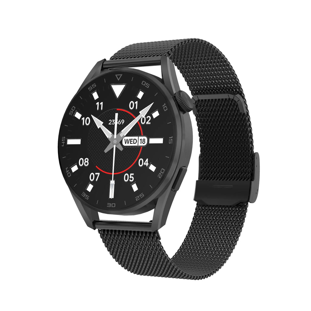 Bluetooth smart watch with 1.3-inch IPS display showing call interface, metal wristband options available