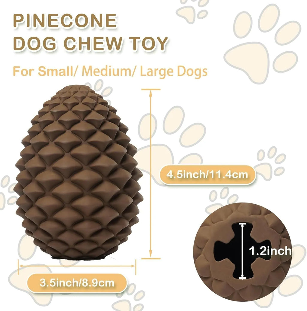 Yellow pine cone shaped natural rubber dog chew toy with treat dispenser