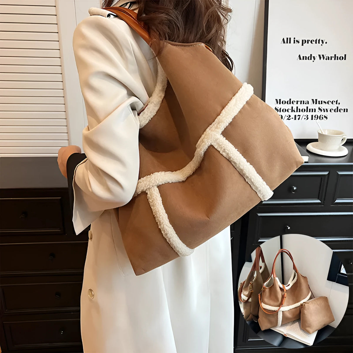 2pcs women's plush tote shoulder bag, large capacity suede-style handbag, black or brown, PU outer, polyester lining