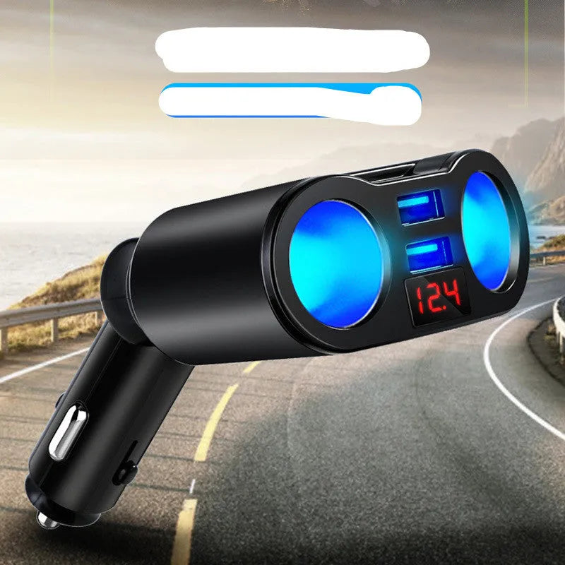 Car Bluetooth and FM transmitter MP3 player plugged into a car cigarette lighter socket.