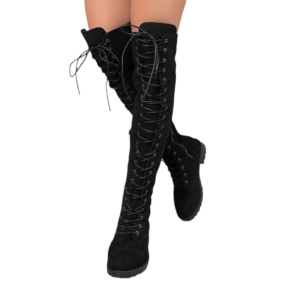 Black lace-up over-the-knee boots with a round toe, flat rubber sole, and stitching detail on the artificial PU upper.