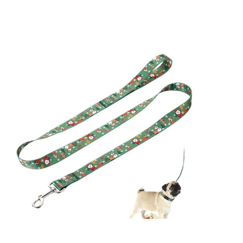 Christmas red polyester dog collar and hand holding rope set on a festive background