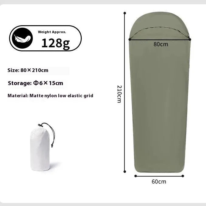 Blue lightweight nylon mummy-style camping sleeping bag for adults, shown packed