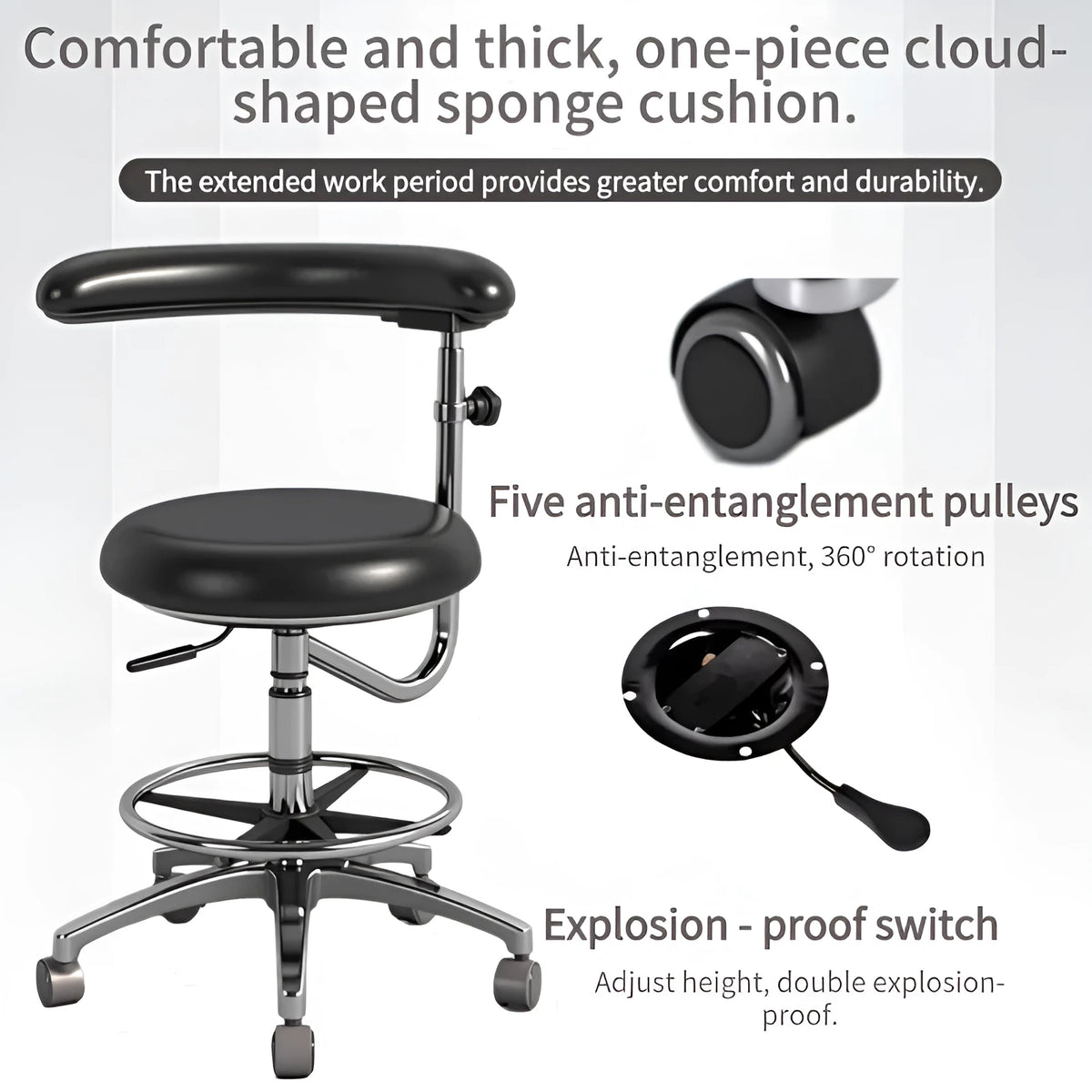 Black leather dental patient chair with hydraulic foot pump mechanism for height adjustment