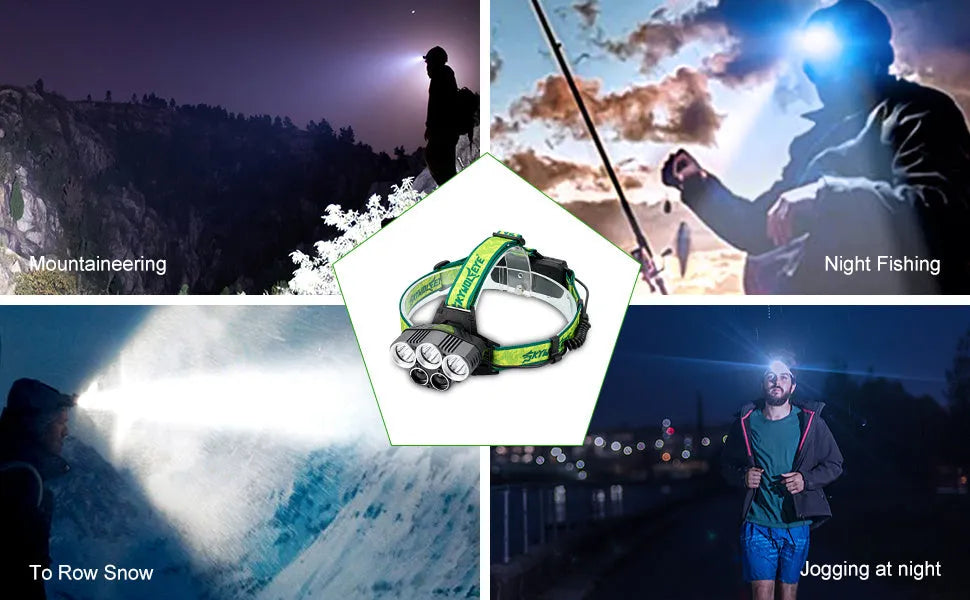 USB rechargeable LED headlamp with aluminium alloy body and multiple LED beads on a head strap.