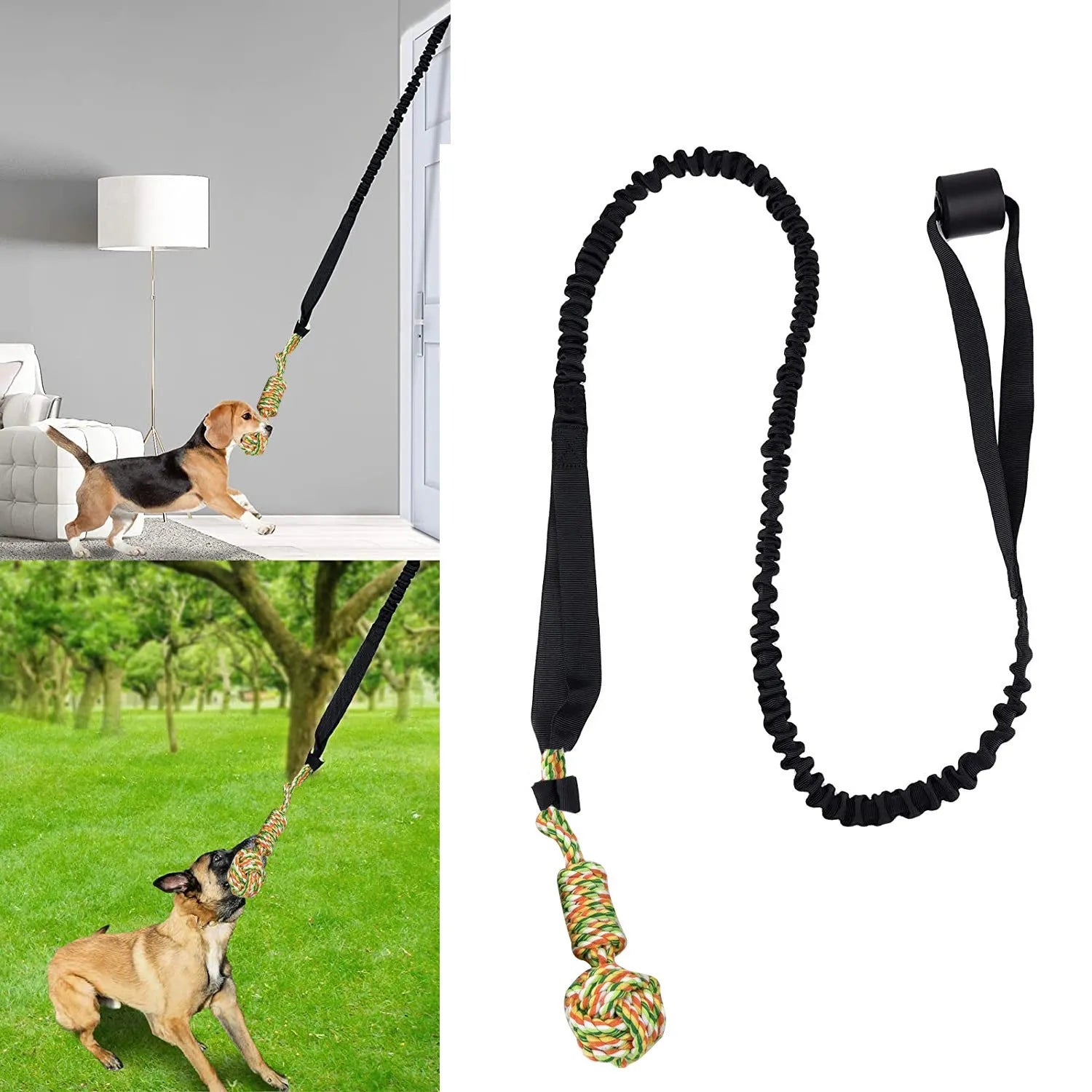 Dog tug of war rope toy made from twisted cotton thread in black, grey, and red colour options