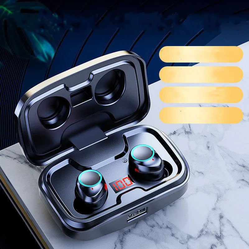 Black wireless Bluetooth in-ear earphones with private-mould eartips on a white background.