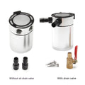 Black aluminium automotive oil pot with oil-free valve and two connector fittings