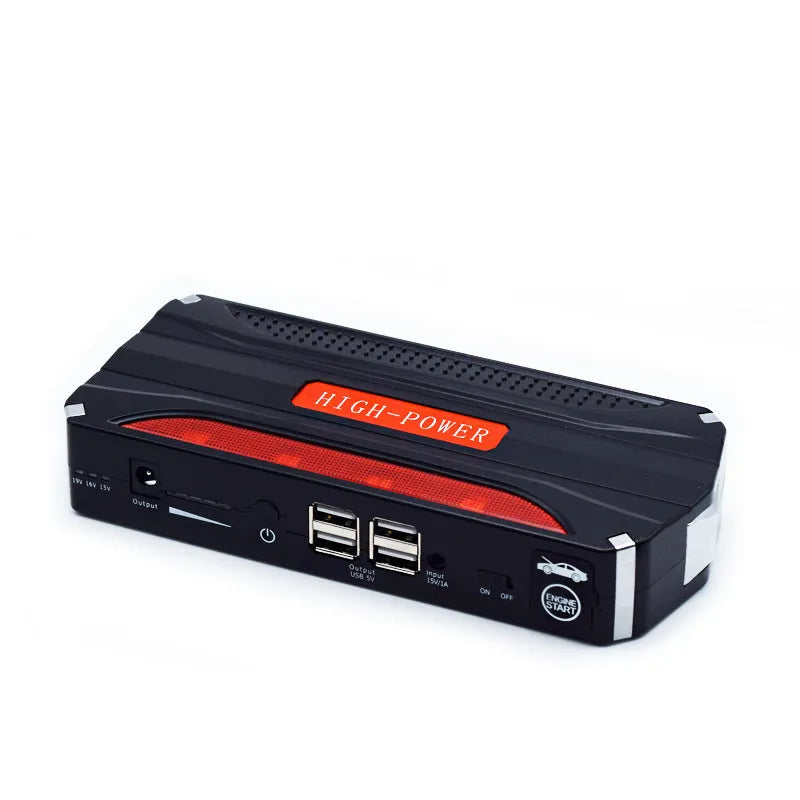 Black and red vehicle emergency starting power supply with 7800mAh battery capacity