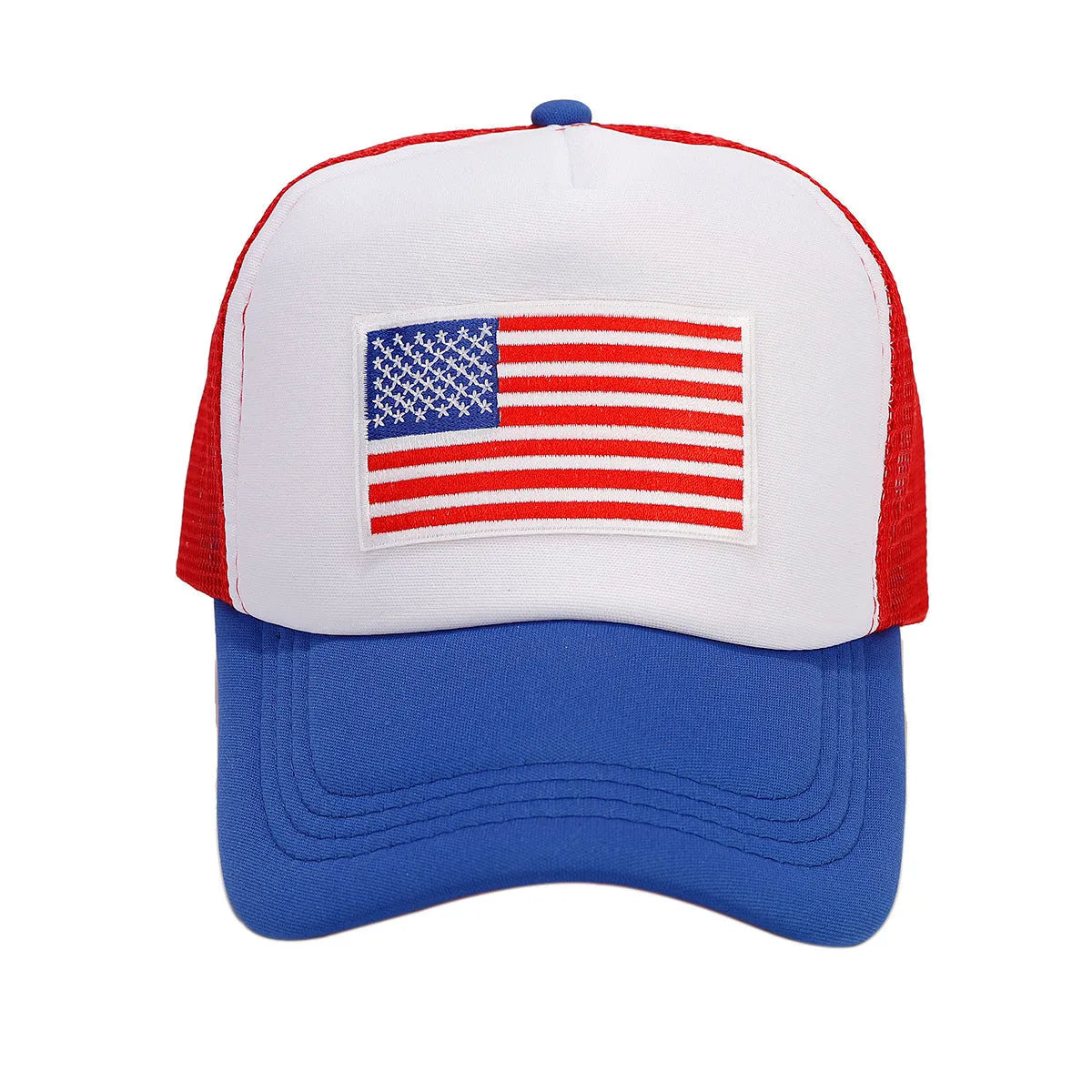 Red and blue mesh cotton baseball cap with dome crown and adjustable size