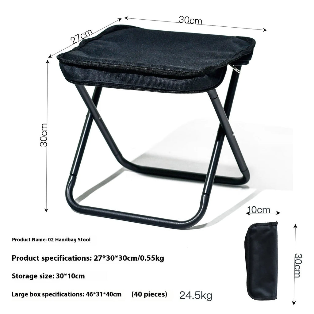 Compact foldable outdoor stool in khaki colour with oxford cloth seat, shown in folded and unfolded states.