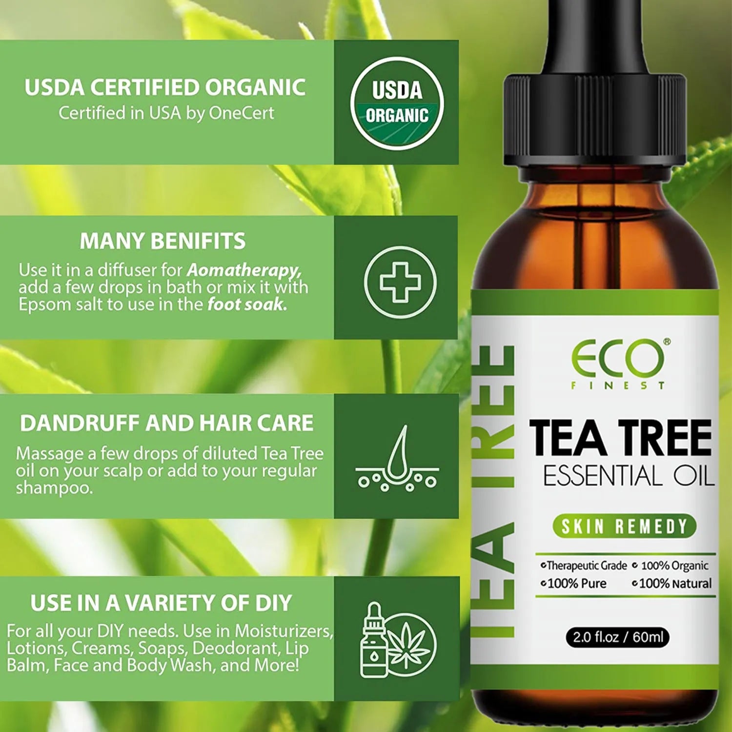 60ml glass bottle of pure tea tree essential oil with a dropper for skincare and aromatherapy