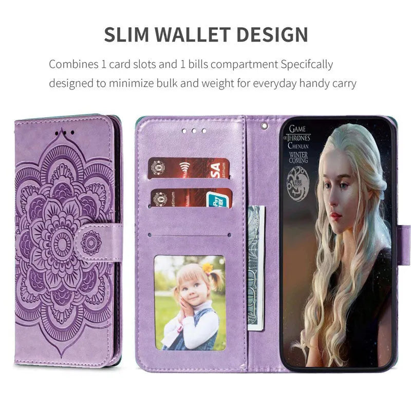 Mandala mobile phone leather case with card insertion, lanyard, bracket and magnetic suction for selected iPhone models