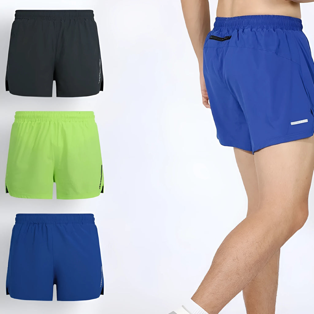 Men's quick-dry marathon running shorts in fluorescent green, showing straight-leg short style.