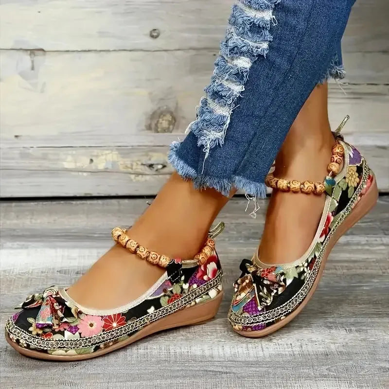 Women's black plus size ethnic platform sandals with elastic band fastening and cloth upper