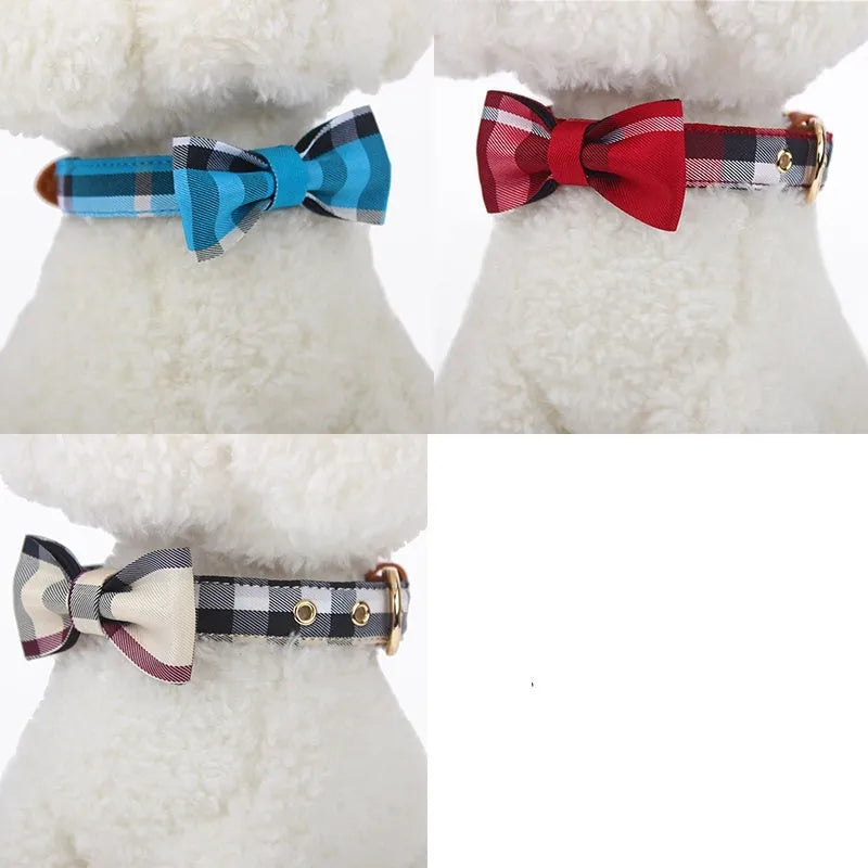 Pet tie collar with drawable mesh bow and leather stitching in Classic Khaki, Bordeaux Red or Rhine Blue, sizes XS M S