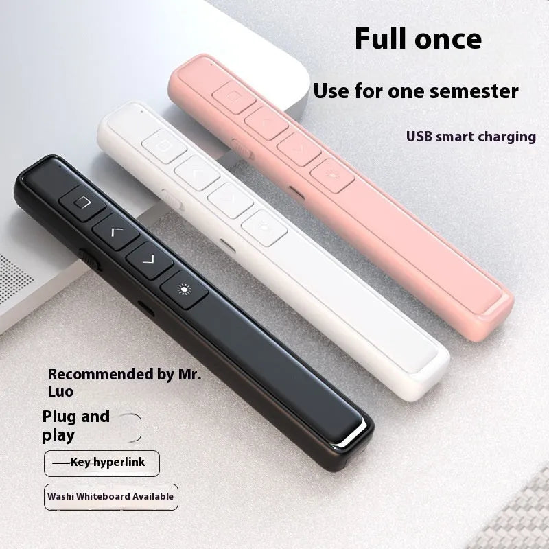 A whiteboard remote control pen with a universal USB receiver, shown in black, white, and pink colour options.