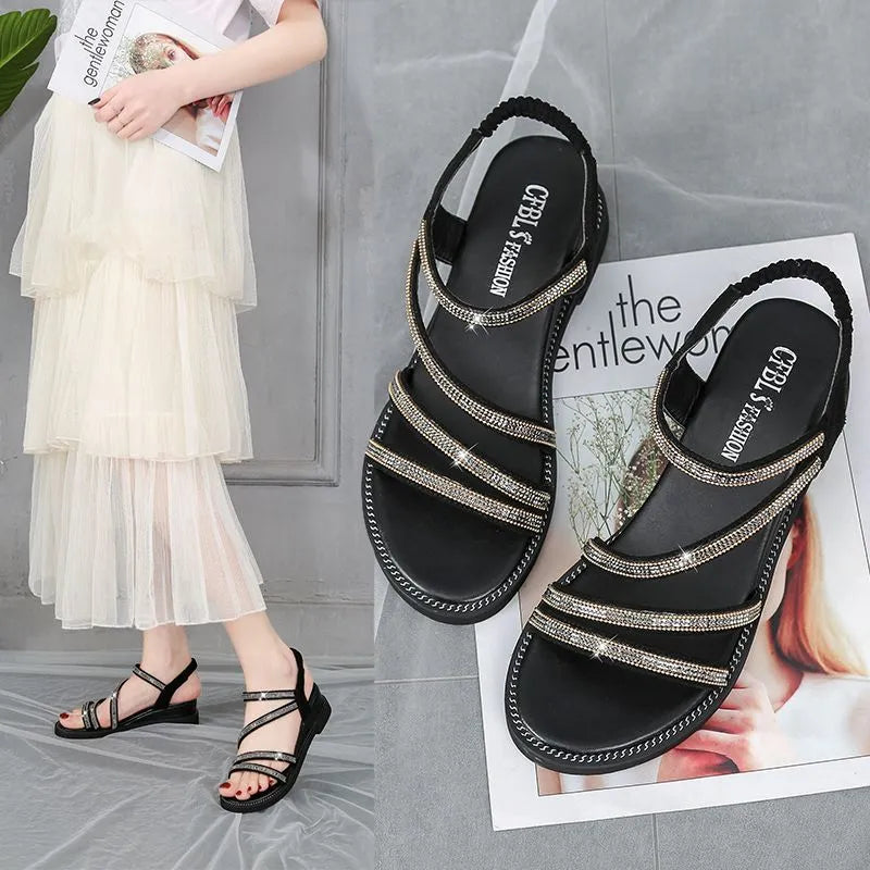 Women's gold Korean style flat sandals with rhinestones and elastic band
