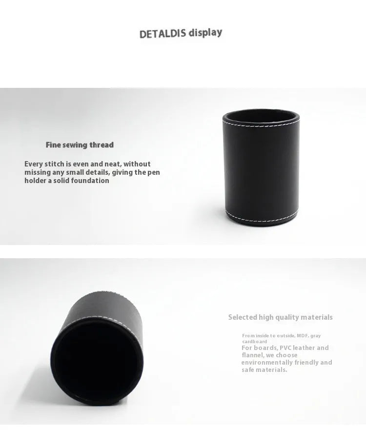 Small round black leather pen container on desk with pens inside