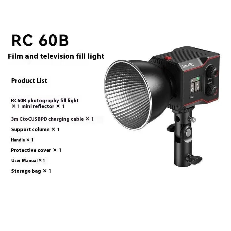 RC60B 60W dual colour temperature fill light with softbox, handle, support column, charger, and 2m light holder