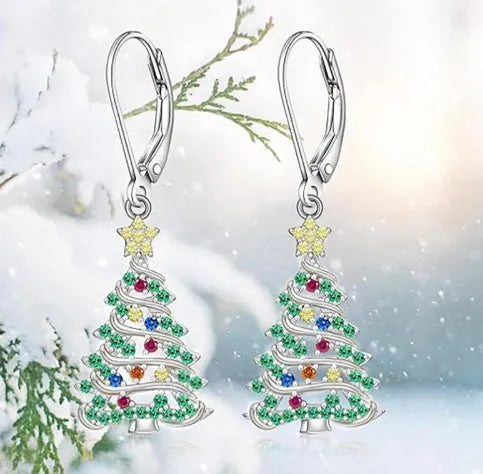 Women's Christmas tree earrings with star design in white gold colour on copper