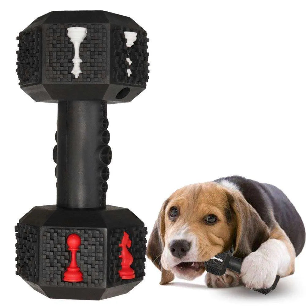 Blue hollow dumbbell dog chew toy with textured 3D particle surface on a white background.