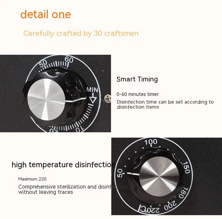 Grey household oral and dental disinfection cabinet with timing and high temperature, iron and stainless steel, 300W.