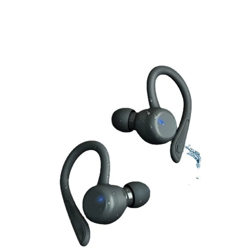 True wireless hanging ear sports headphones with removable ear hooks and charging case in black