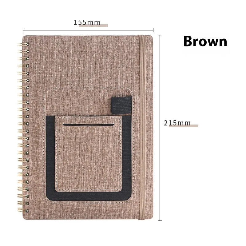 Erasable coil notebook with custom cover on thick waterproof stone paper, shown with pen and cloth.