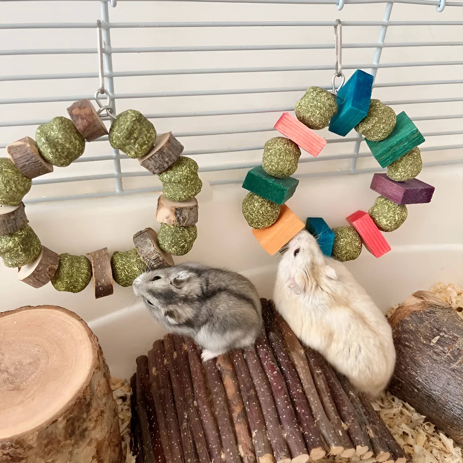 Hamster chew toy with straw ball ring in colourful sequin or natural applewood options