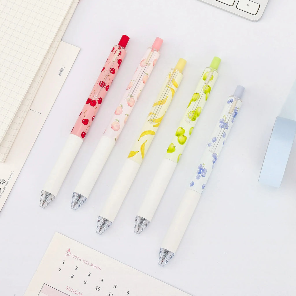Three fruit scented pressurised pens with 0.5mm black ink and press-action mechanism