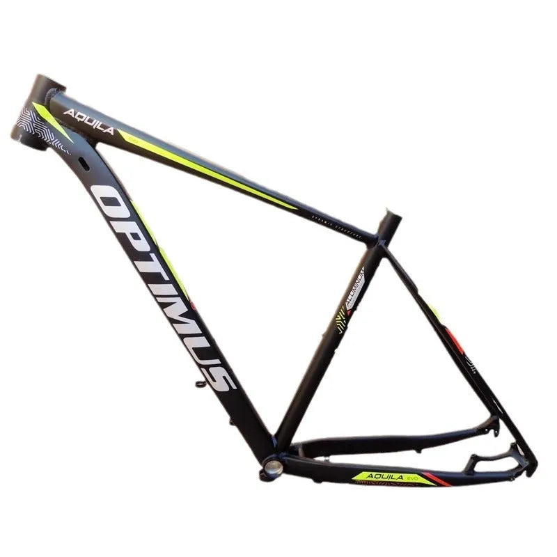 Black green aluminium mountain bike frame for 29-inch wheels with internal cable routing and disc brake mounts.