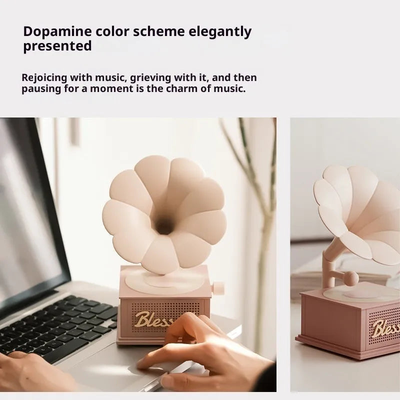 Retro Bluetooth speaker with white noise, 36 x 120 x 200 mm, available in Black And Red, Gray White, and Lotus Pink.