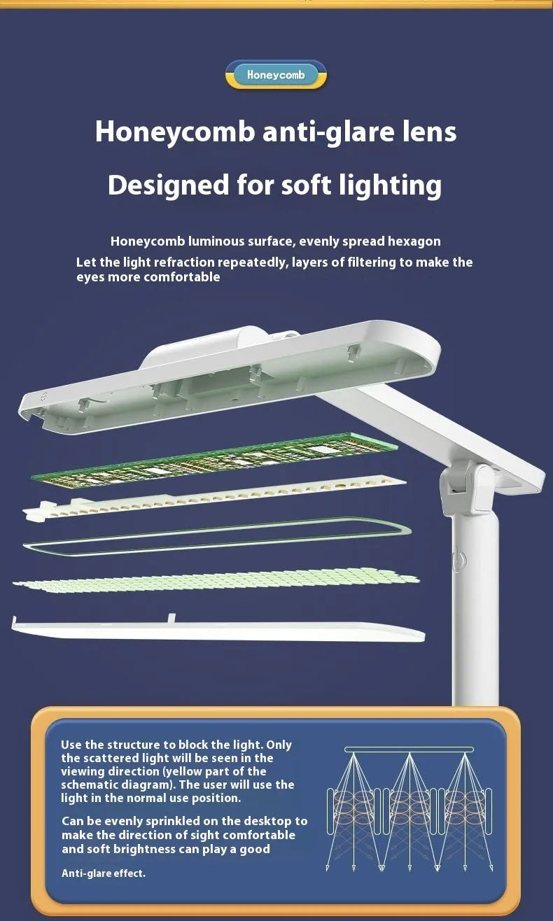 Adjustable reading bookshelf lamp with three colour temperature settings on a desk