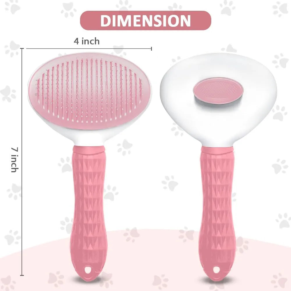 Blue cat grooming brush with a release button and fine wire bristles for pet hair removal.