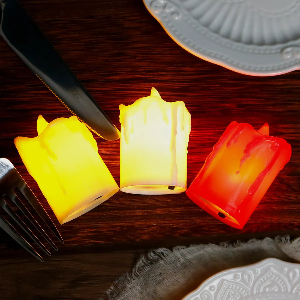 LED simulation candle light set of 3, warm, PP cylindrical, white beige red, tear wave mouth