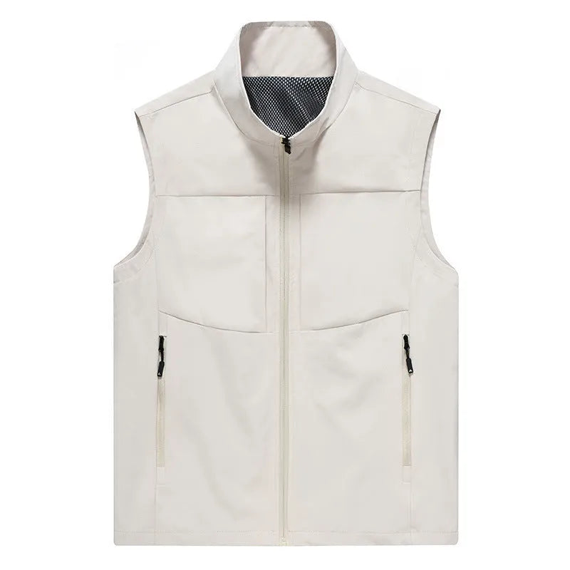 Men's loose-fit outdoor cardigan vest with stand collar and zipper pockets in Army Green colour.