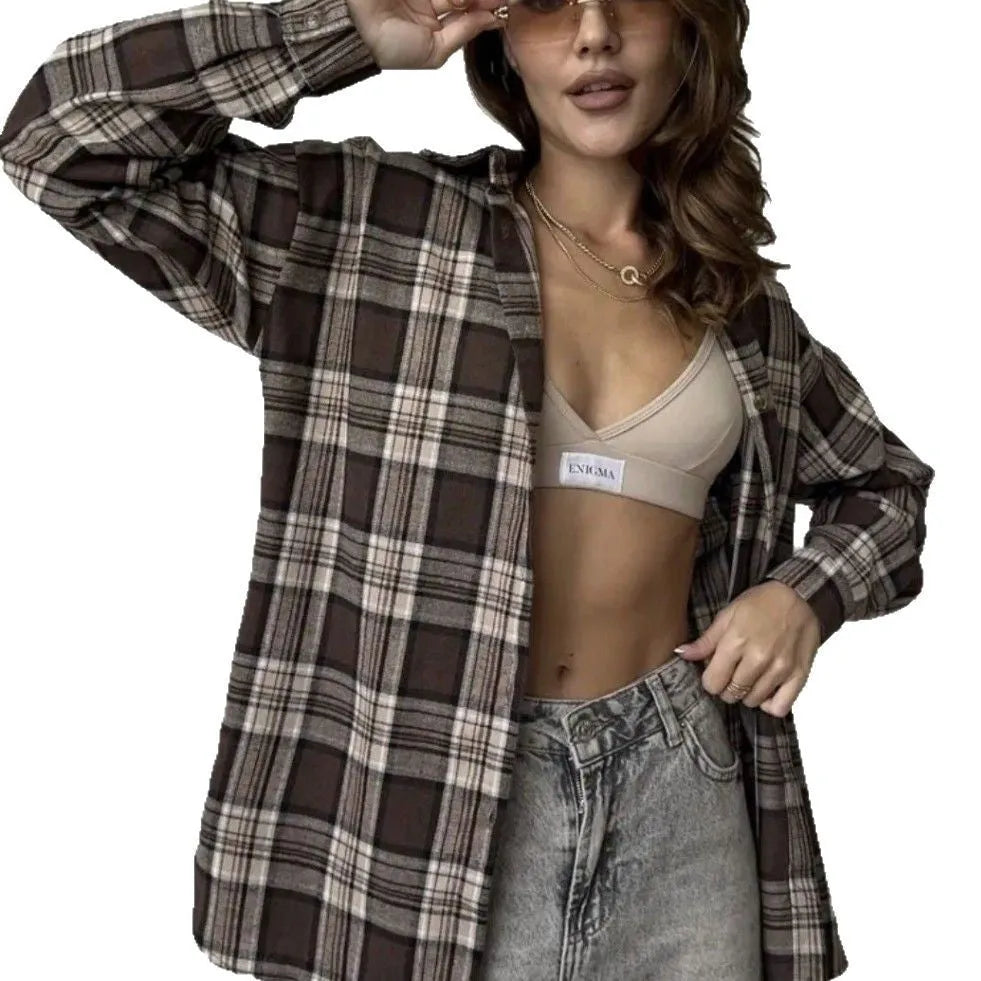 Women's dark brown retro striped long sleeve cotton shirt with regular fit and optional pocket detail