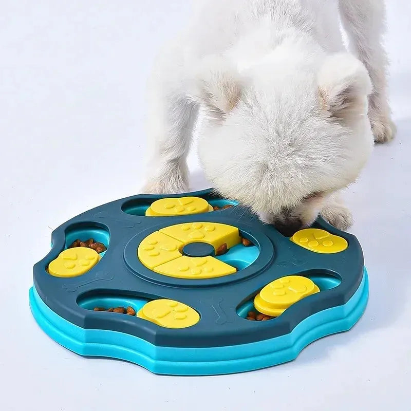 Blue and pink dog puzzle toy showing food bowl and interactive searching game design for aggressive chewers.