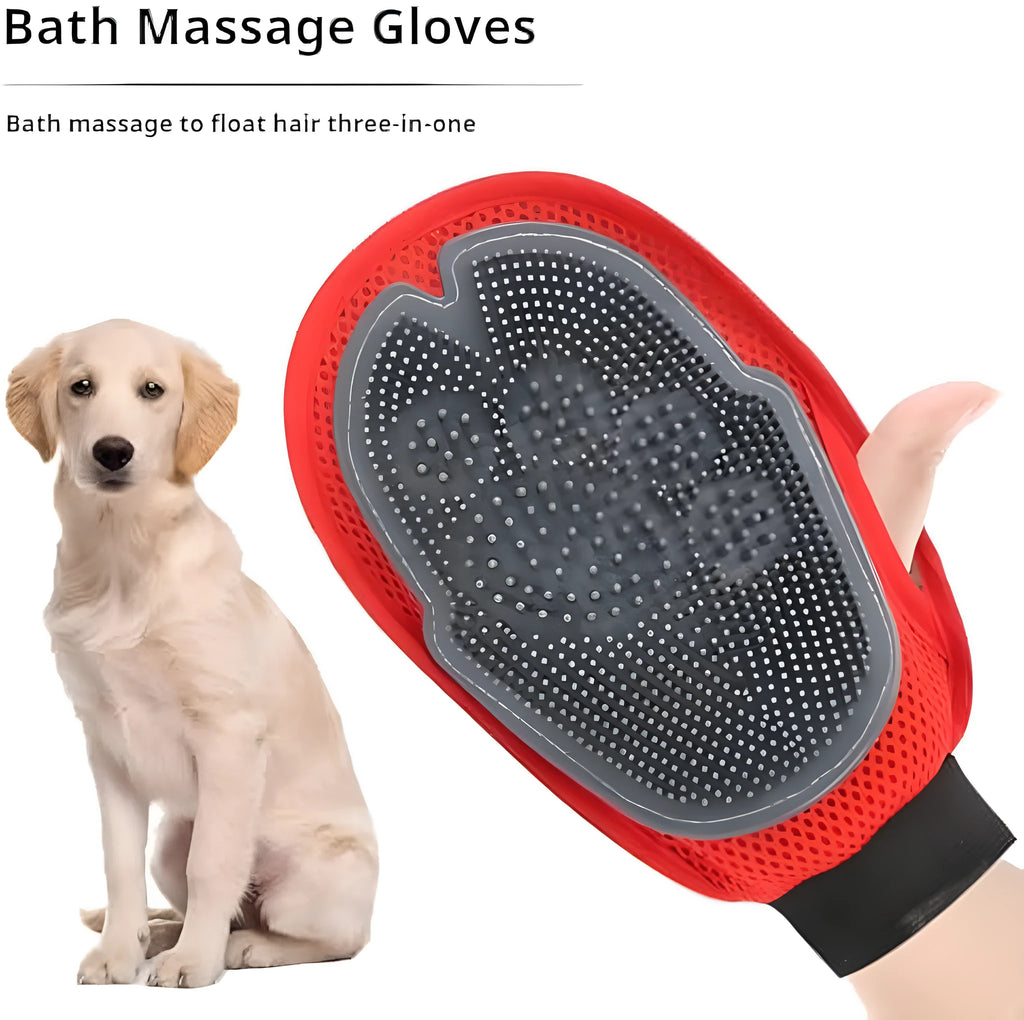 Red pet bathing glove with integrated cleaning brush for dog and cat grooming