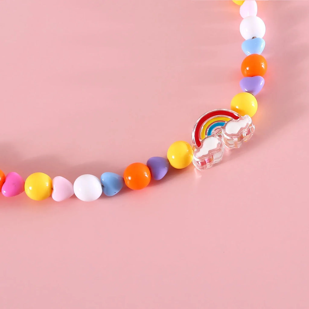 Adjustable colourful beads plastic cat necklace in peach, rainbow and small flower designs