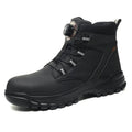 Leather upper labour protection shoes with rubber sole in black, shown on a size chart.