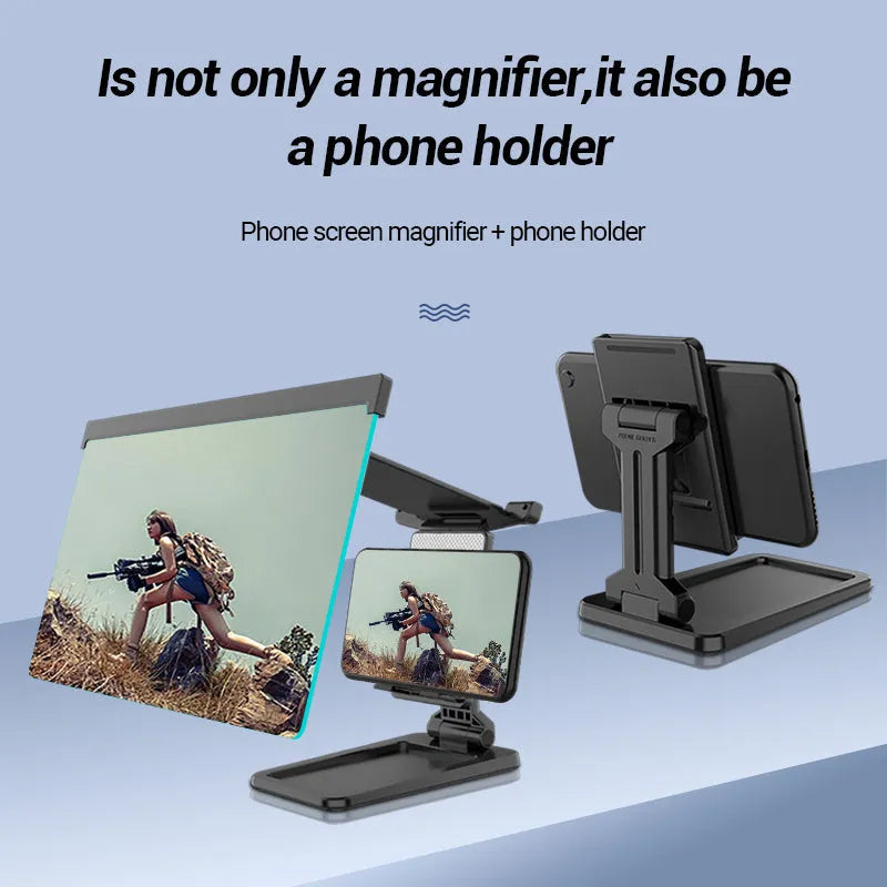 Black 12-inch curved mobile phone screen amplifier with detachable holder, shown folded and unfolded.