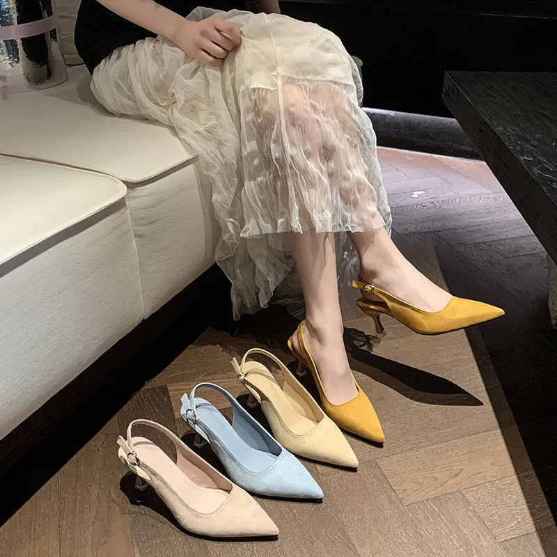 Suede stiletto high heels in apricot, pink, sky blue or yellow with pointed toe and rubber sole