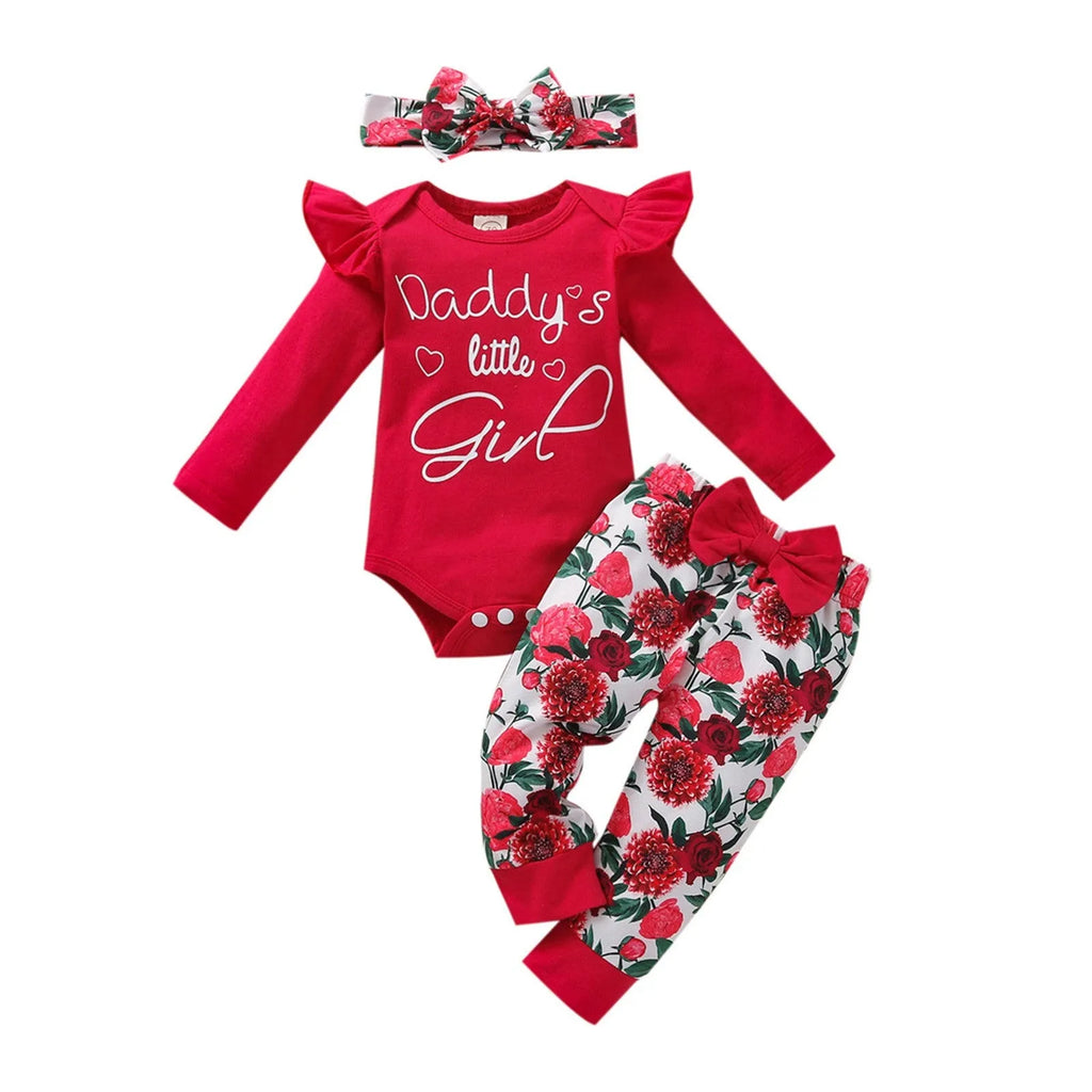 Baby girl long-sleeved alphabet romper suit, cotton three-piece set with top, pants, and ribbon, 70cm to 100cm.