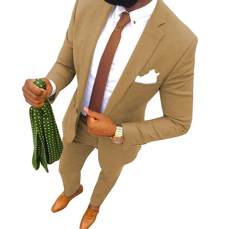 Men's multicolour cotton banquet suit two-piece set showing jacket and trousers available in extended sizes