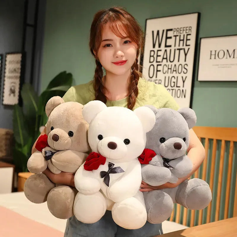 Rose bear plush doll in beige, brown, or grey colour with soft short plush fabric and cartoon design