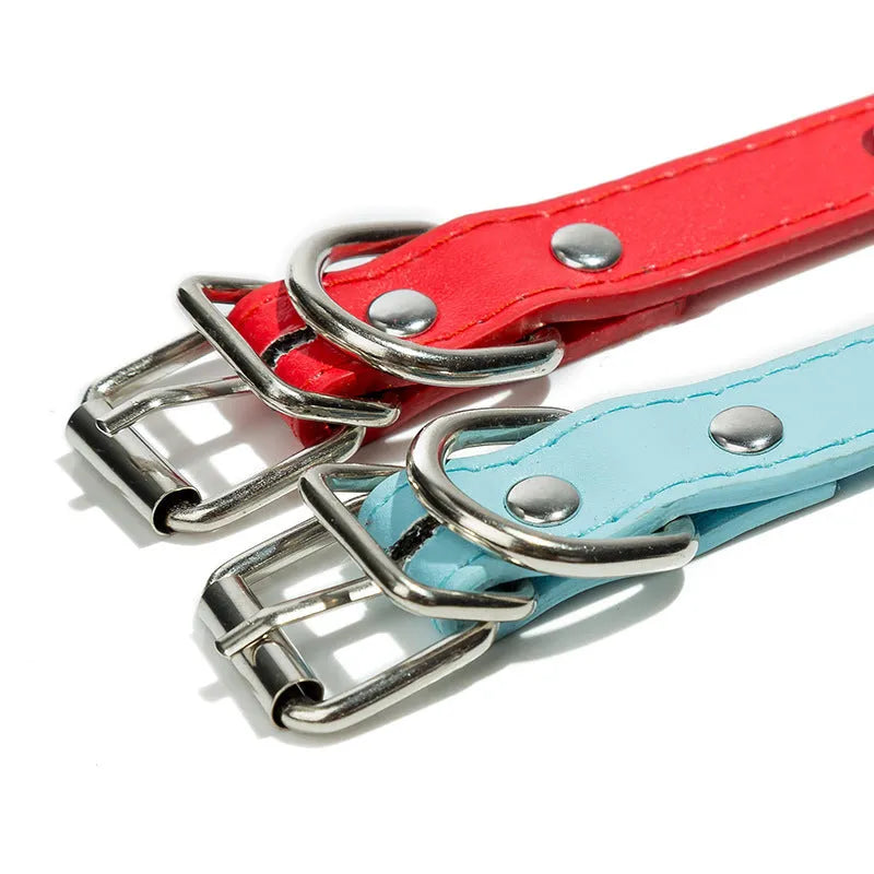 Studded dog collar in PU leather with metal decoration, shown in multiple colour options