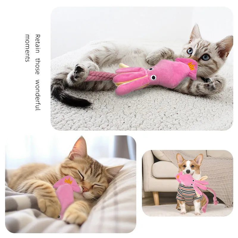 Pink plush squid pet toy with squeaker and rope tentacles