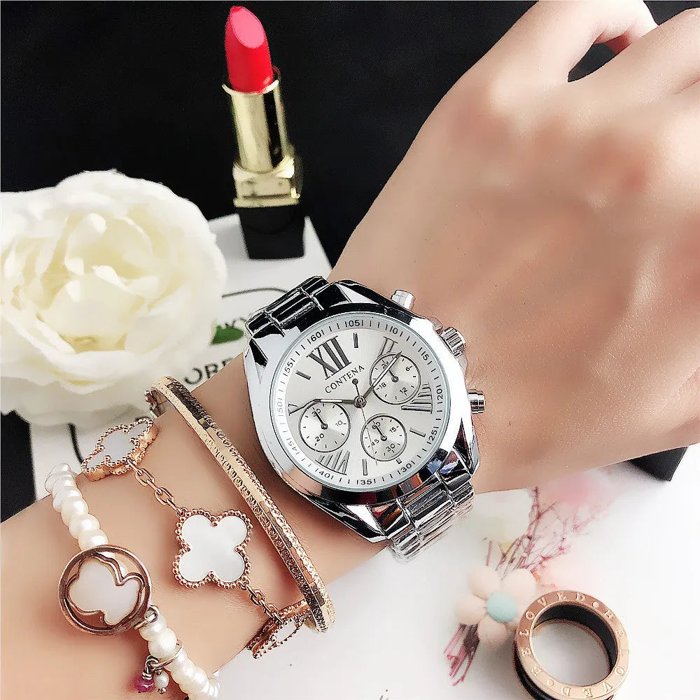 Women's quartz watch with metal mesh strap and crystal-accented dial in rose gold